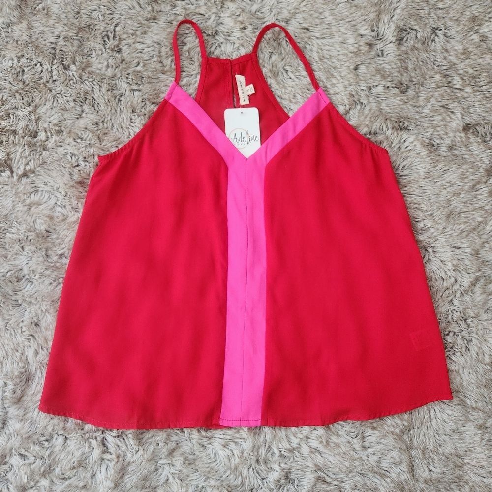 Main Strip Racer Back Tank Top Red with Pink Trim and Stripe Size Small